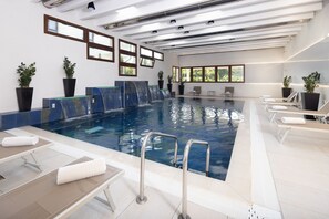 Indoor pool, open 8:00 AM to 10:30 PM, pool loungers