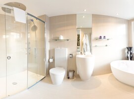 Un baño moderno con ducha envuelta en vidrio, inodoro, lavabo grande y bañera.