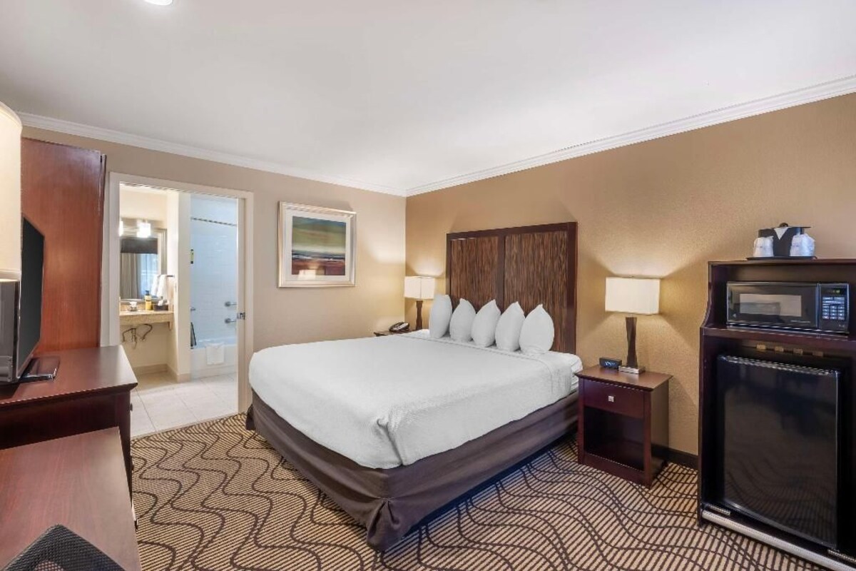 Une chambre d’hôtel avec un lit, des lampes de chevet, une télévision, un réfrigérateur et une salle de bain visible à travers une porte ouverte.