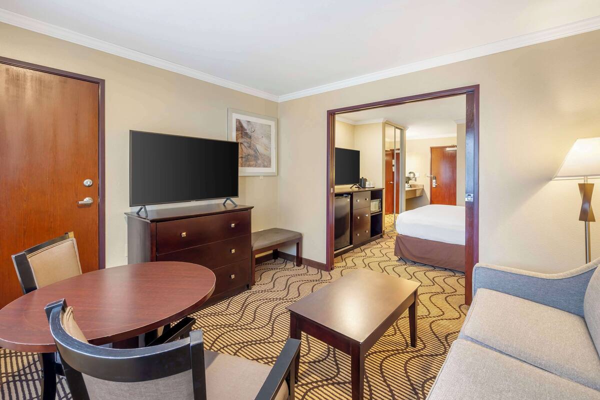 A hotel room with a bed, a desk, a chair, a television, a dresser, and a mirror.