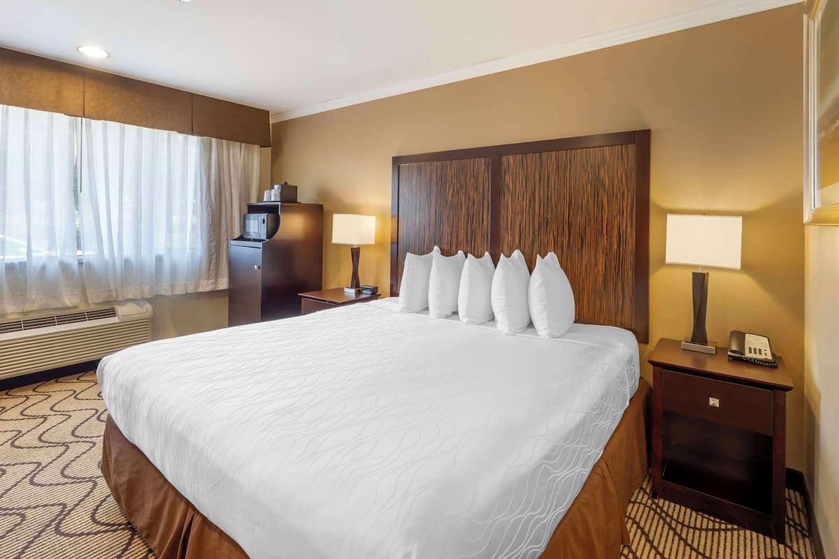 A hotel room with a large bed, two bedside tables with lamps, a small desk with a telephone, and a minibar.