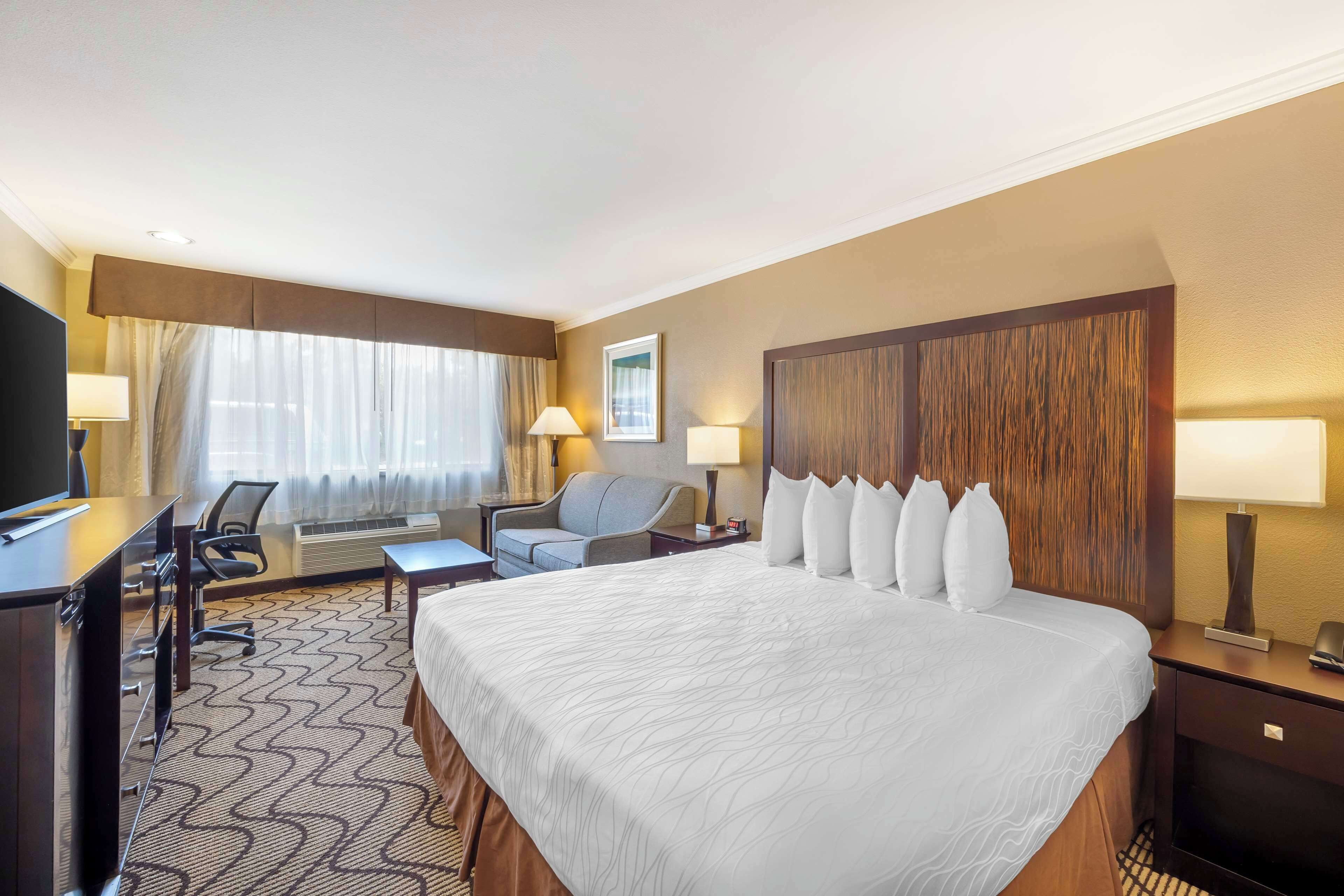 Une chambre d’hôtel avec un grand lit, un bureau avec une chaise, un canapé et une télévision.