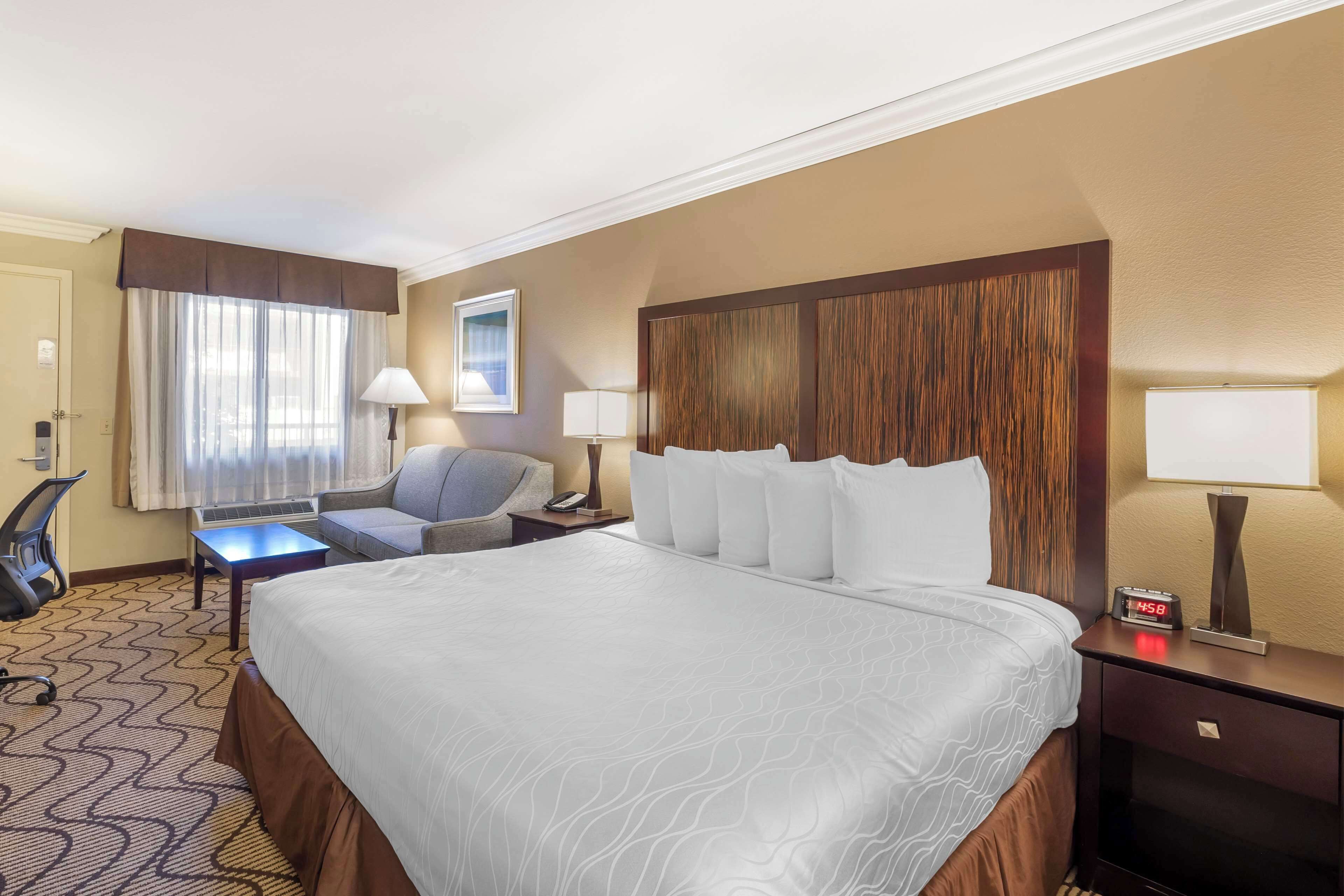Une chambre d’hôtel avec un grand lit, un bureau, une chaise et une table de chevet avec une lampe.