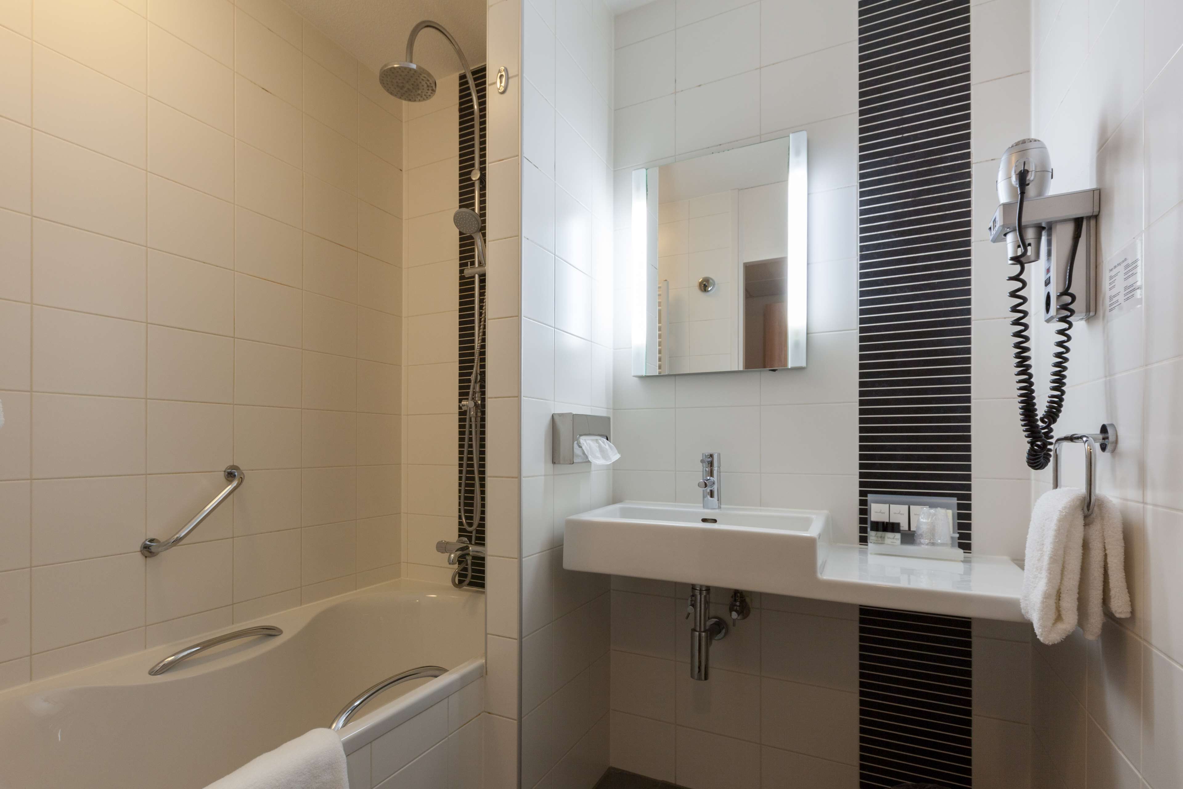 Een moderne badkamer met een bad, douche, wastafel en handdoekhouder.
