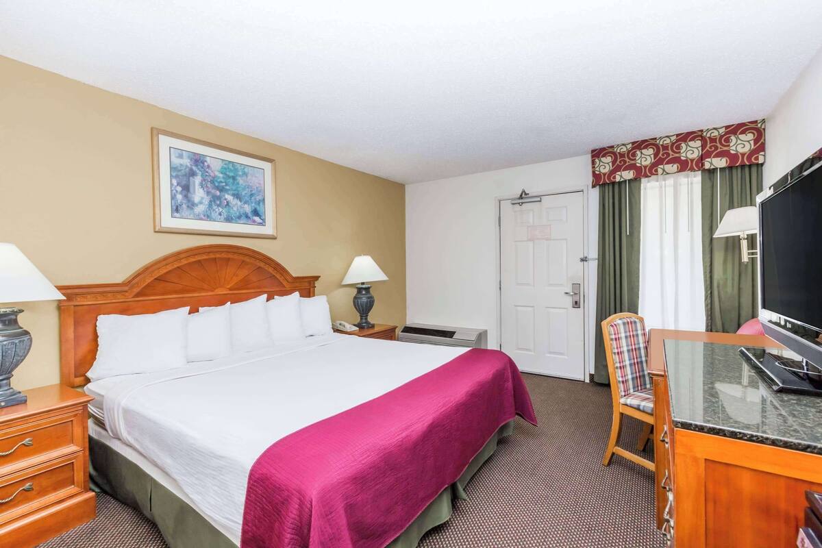A hotel room with a large bed, a desk with a TV, a chair, a door, and a painting on the wall.