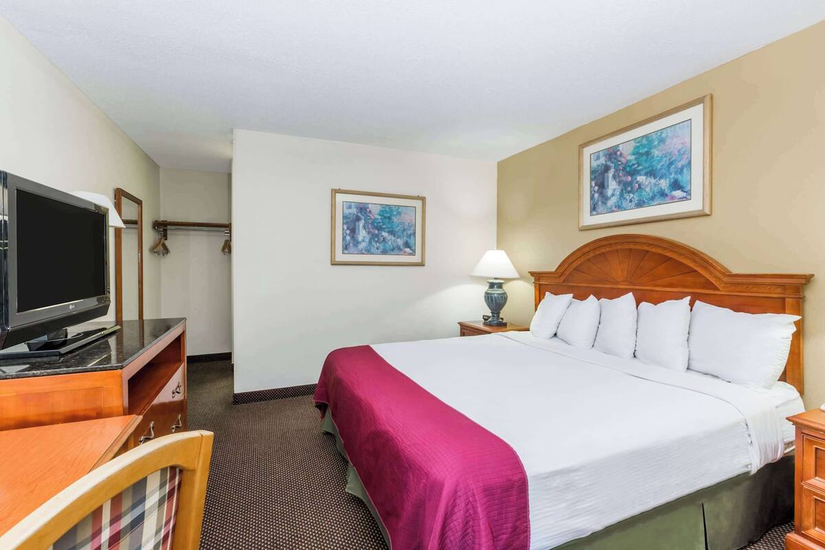 A hotel room with a bed, a television, a desk, and a chair.
