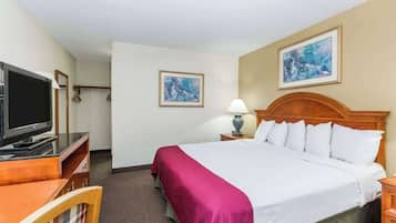 A hotel room with a bed, a television, a desk, and a chair.