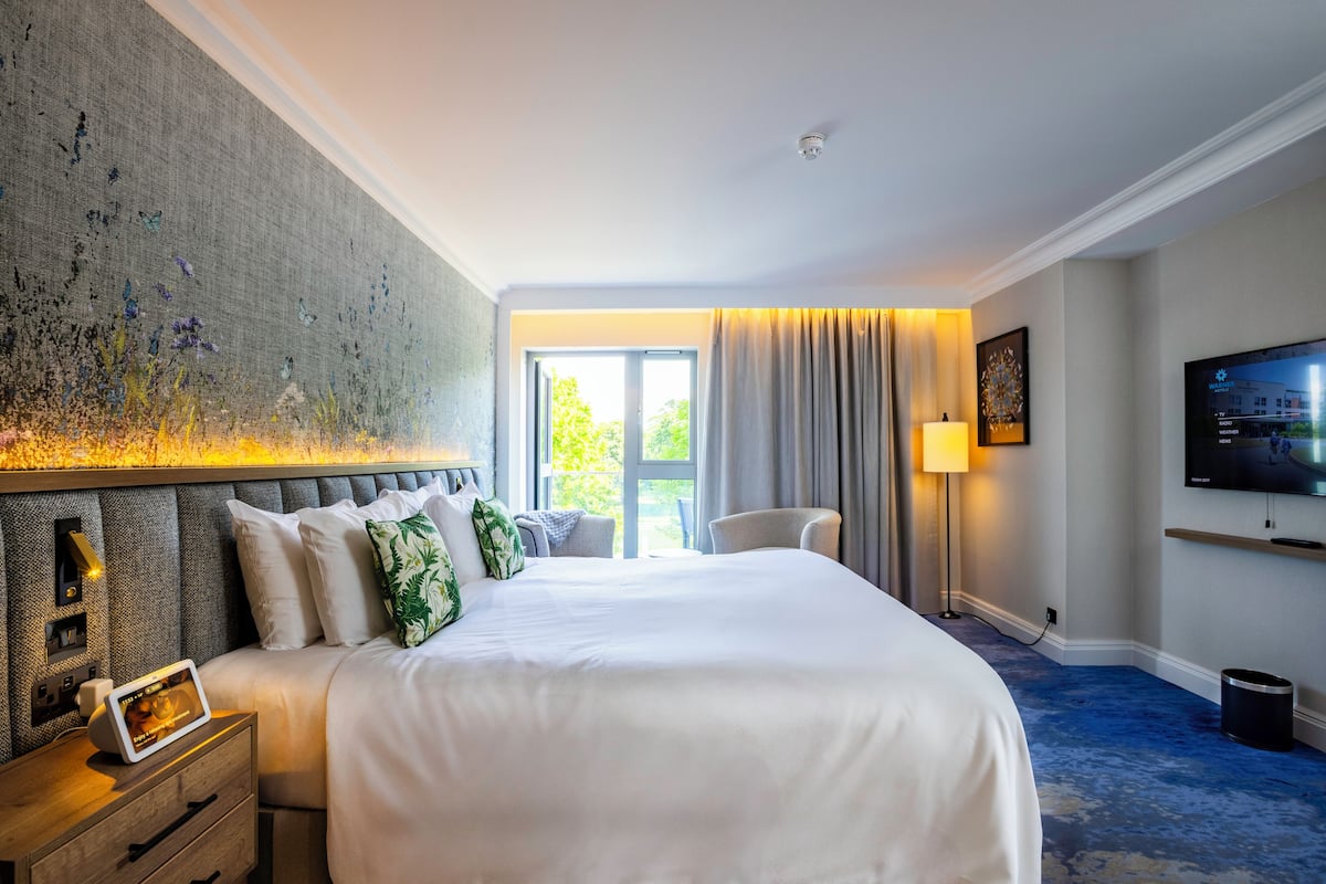 A hotel room with a large bed, a flat-screen TV, a bedside table with a lamp, and a view of the outdoors through the window.