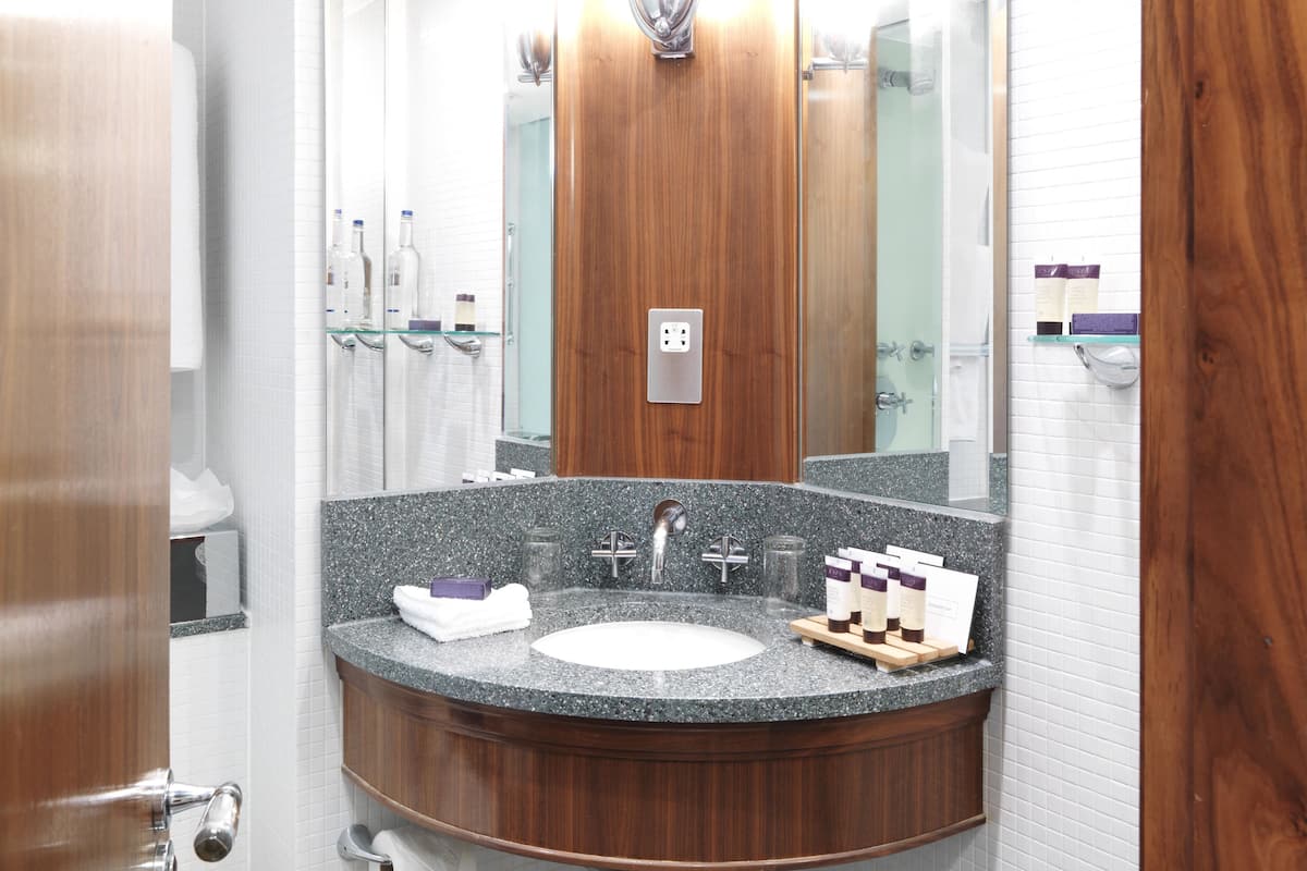 combined shower/bathtub, free toiletries, hair dryer, bathrobes