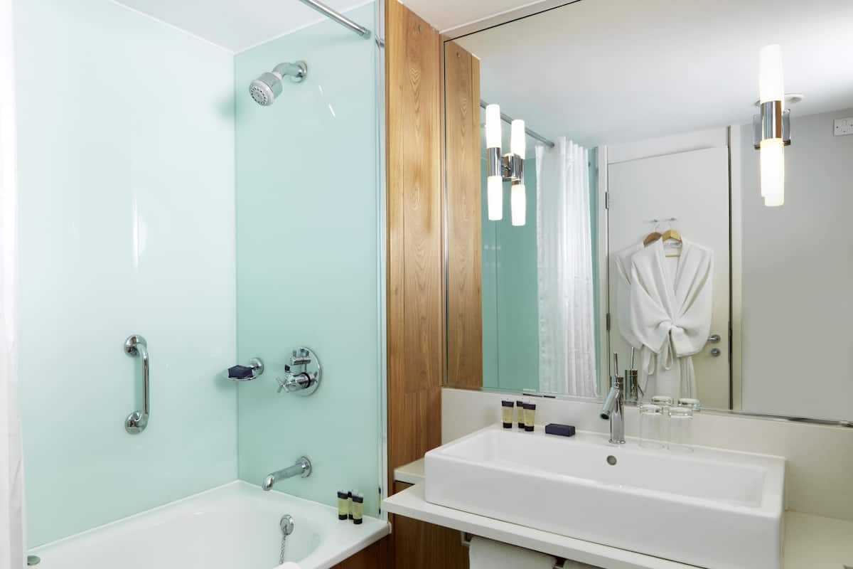 combined shower/bathtub, free toiletries, hair dryer, bathrobes