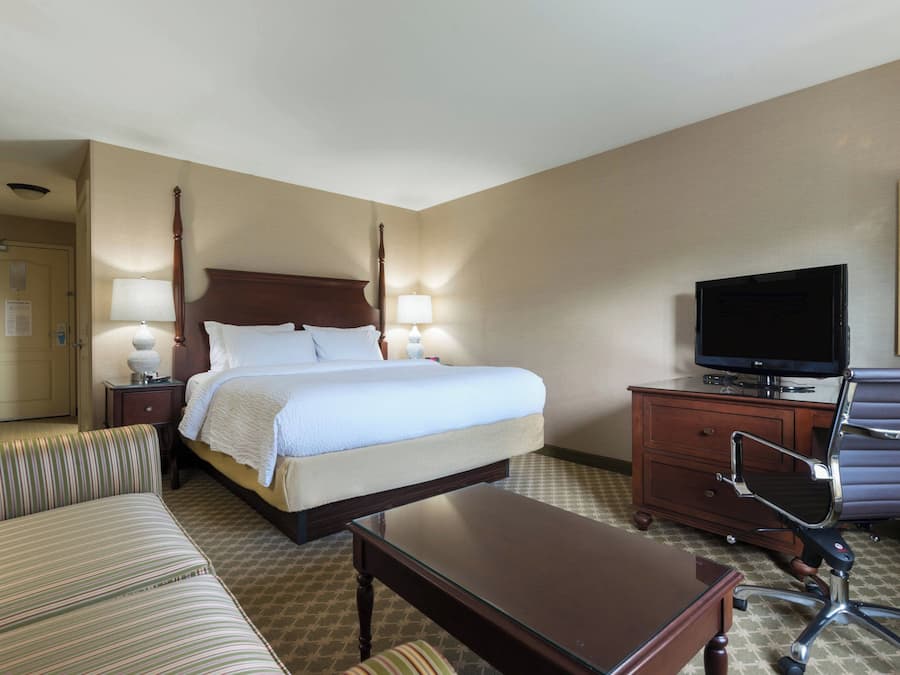 A hotel room with a bed, a television, a desk, a chair, and a lamp.