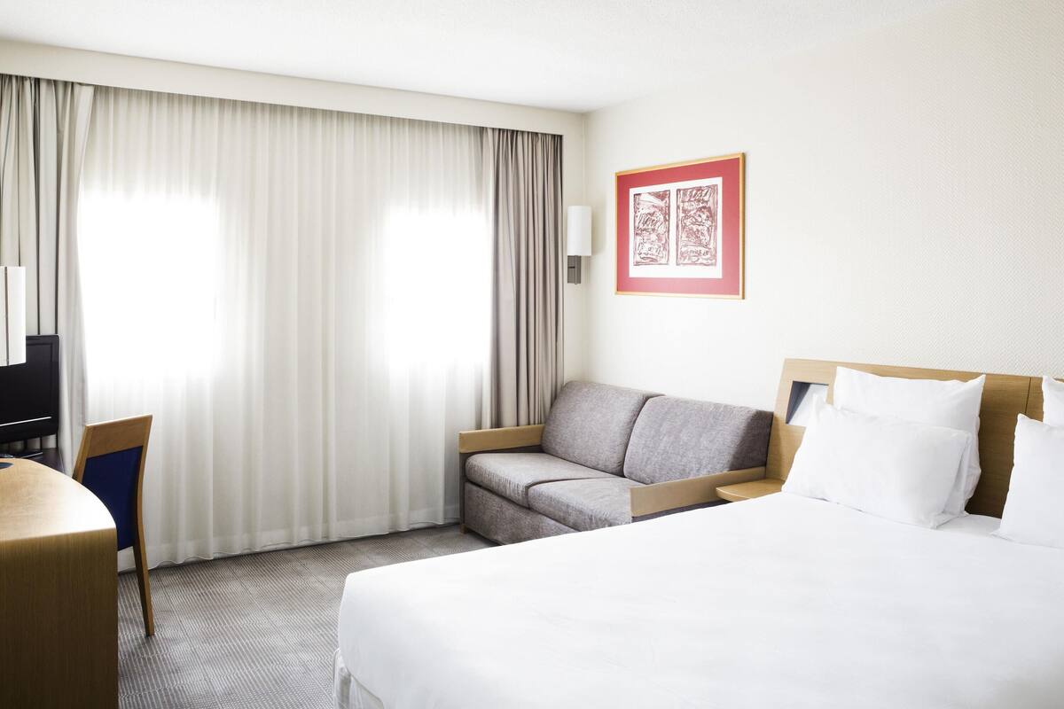 A hotel room with a bed, a sofa, a desk, and a chair.