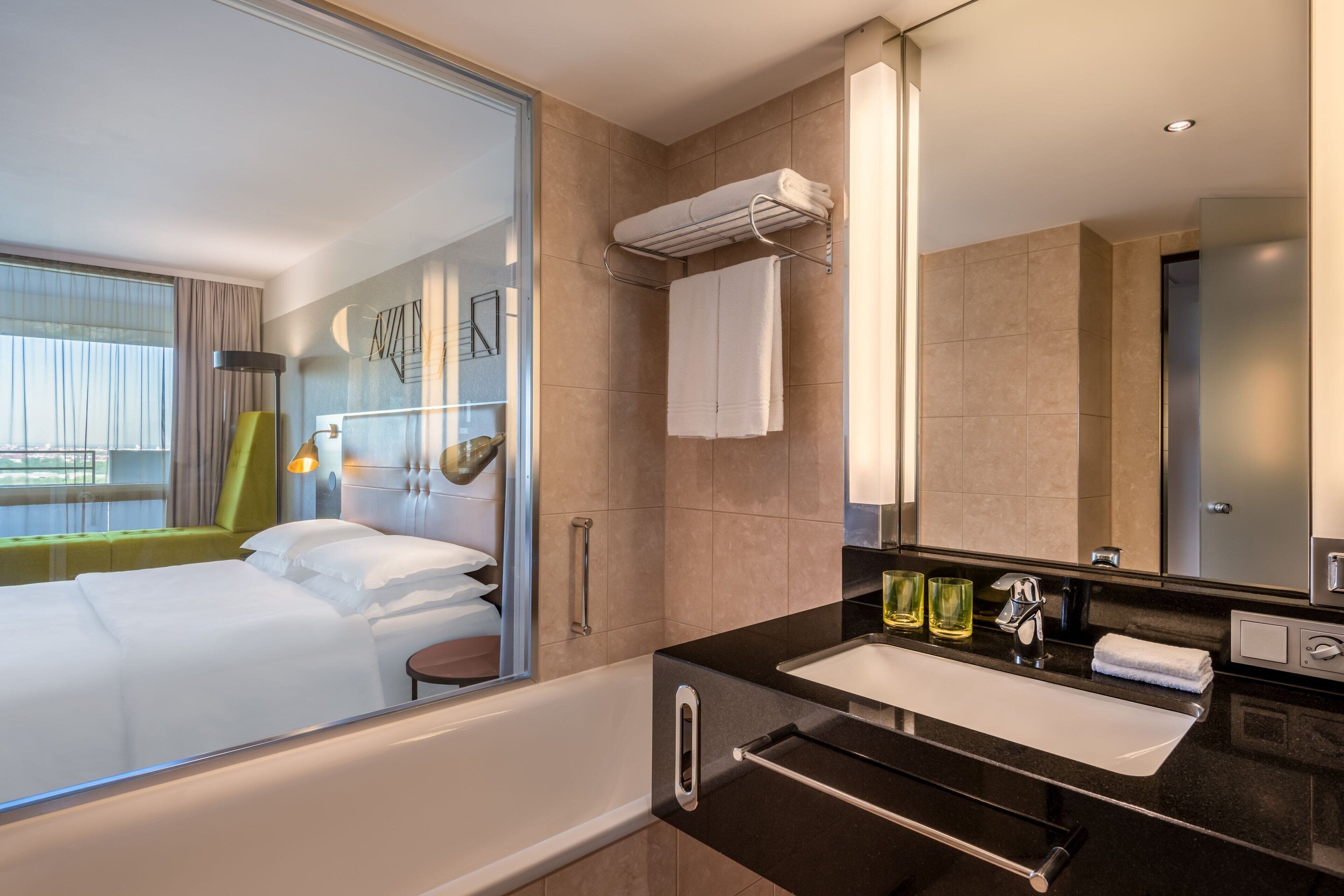 separate bathtub and shower, deep-soaking bathtub, rainfall showerhead