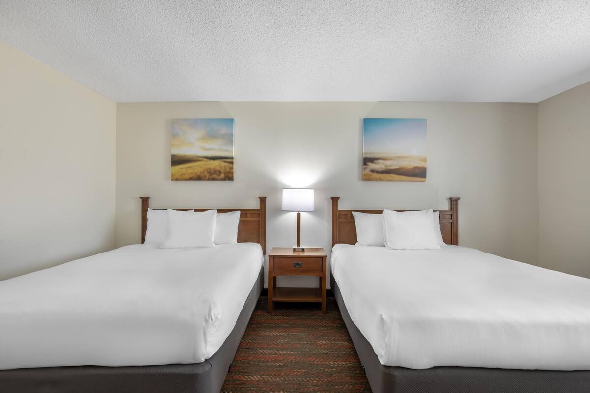 Habitación de hotel con dos camas, una mesita de noche con lámpara y dos cuadros con paisajes en las paredes.