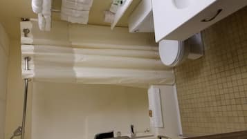 Combined shower/bathtub, free toiletries, hair dryer, towels