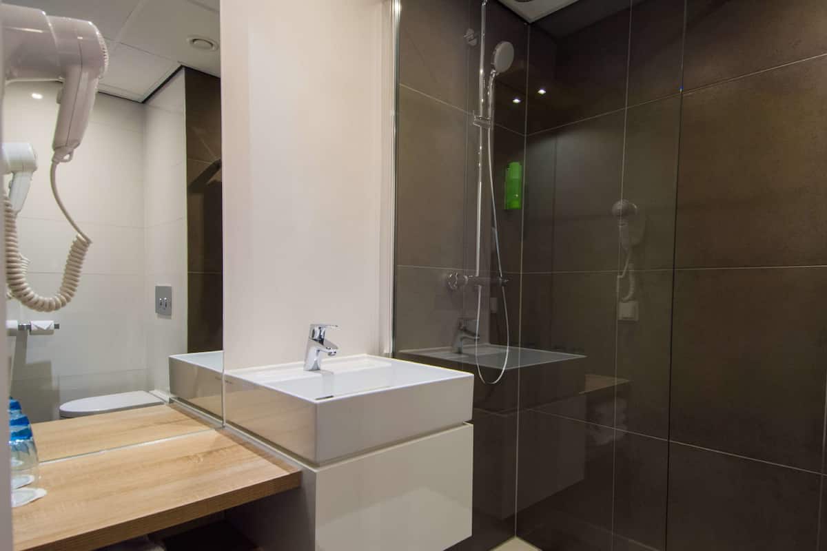 shower, eco-friendly toiletries, hair dryer, towels