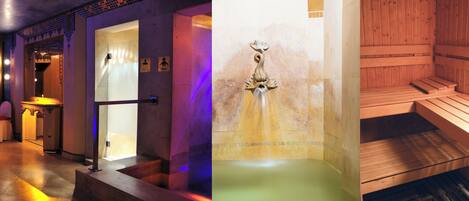 A sauna room with a wooden bench, a small table with a candle, and a wall-mounted water feature.