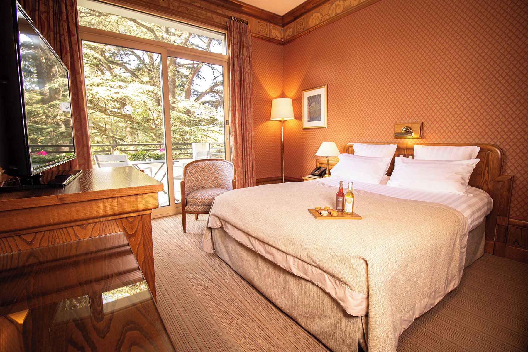 Une chambre d’hôtel avec un grand lit, un bureau avec une télévision, une chaise et une vue sur les arbres par la fenêtre.