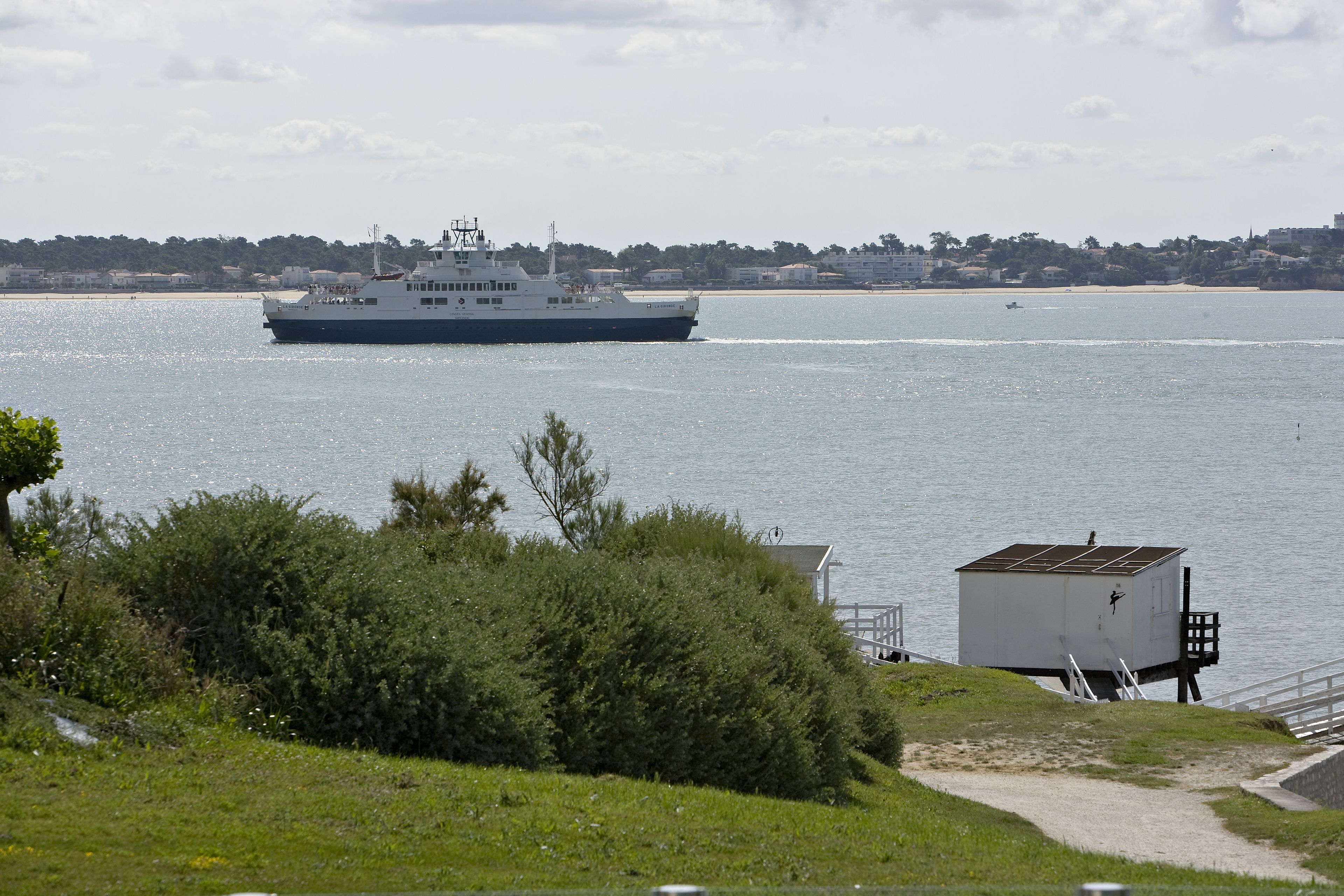 A ferry moving across a body of water with a coastal town in the background.