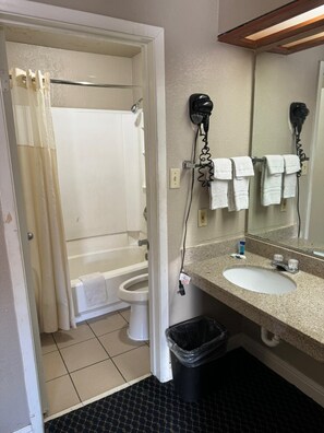 Combined shower/tub, free toiletries, hair dryer, towels