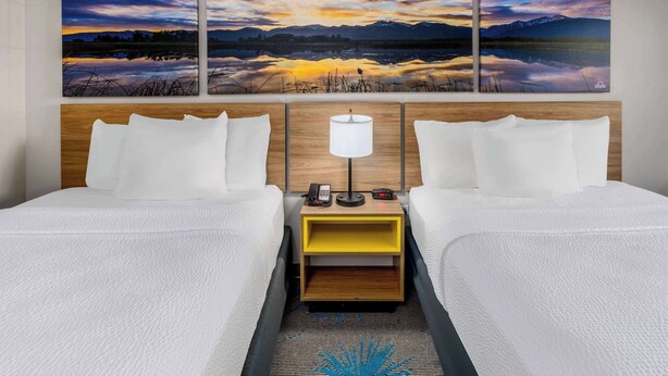Habitación de hotel con dos camas, una mesita de noche con lámpara y un cuadro de paisaje grande sobre las camas.