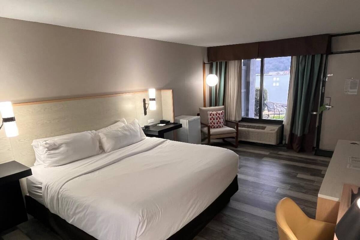Une chambre d’hôtel avec un grand lit, un bureau, une chaise et une vue sur l’extérieur.