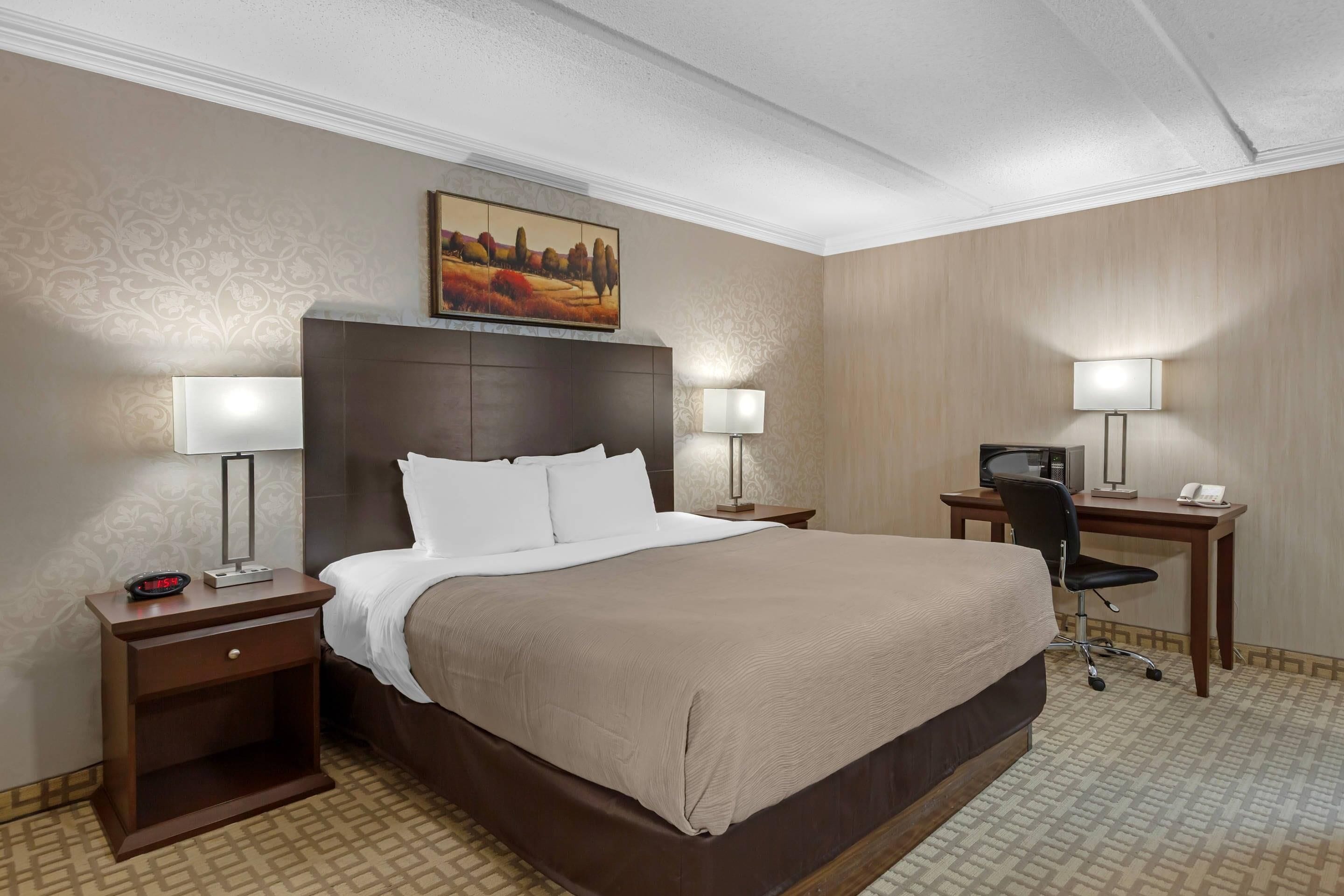 Una habitación de hotel con una cama grande, dos mesitas de noche con lámparas, un escritorio con silla y un cuadro sobre la cama.