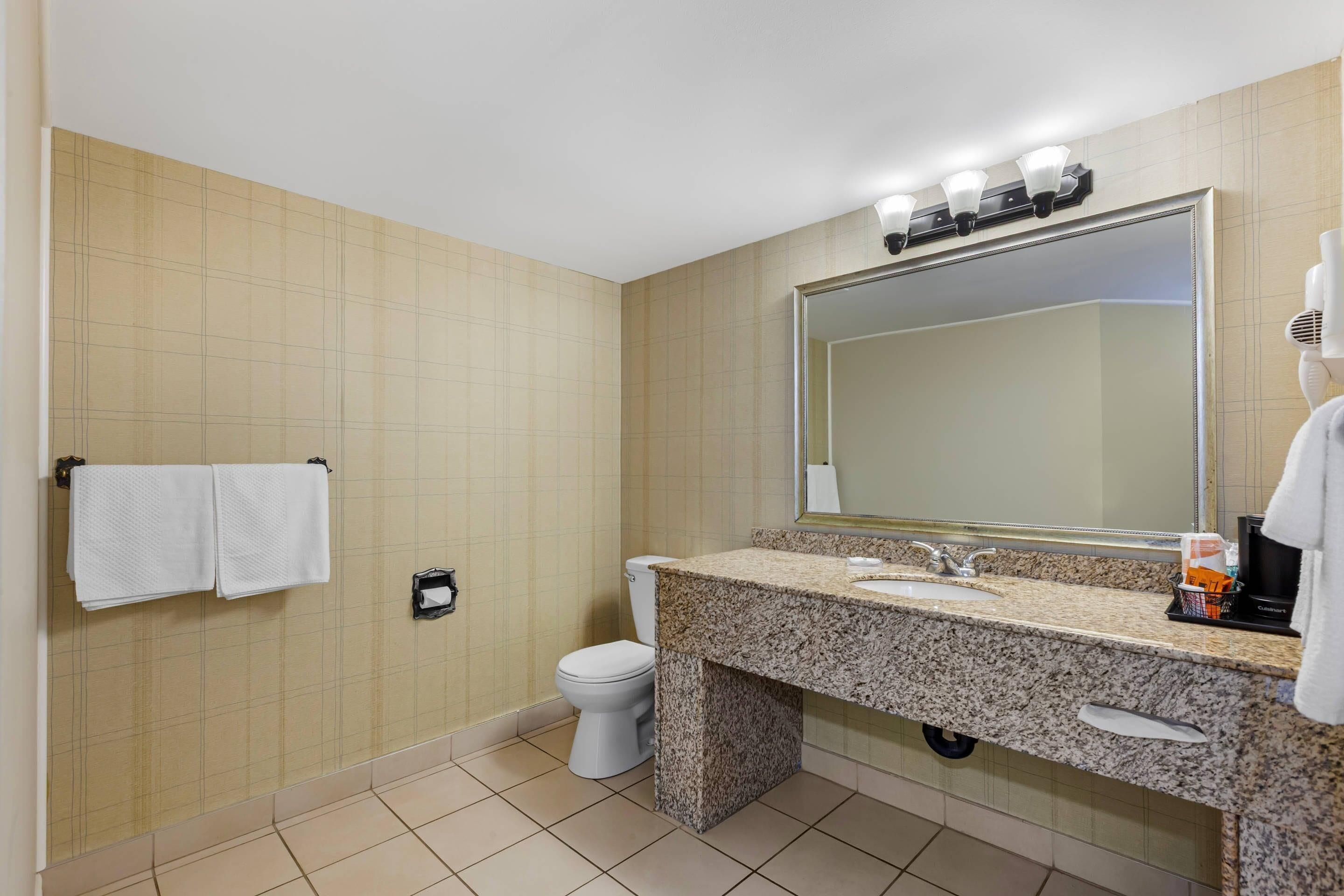 Un baño con lavamanos, espejo e inodoro.