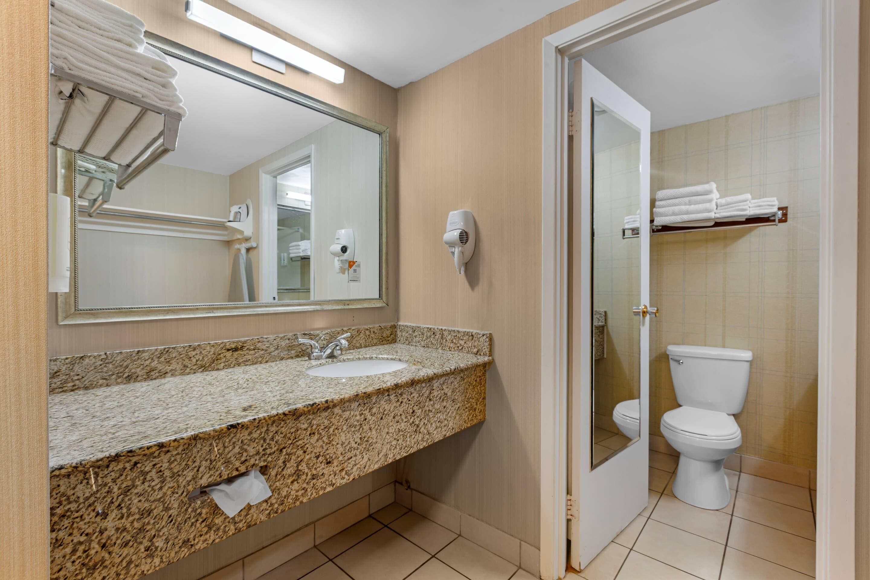 A bathroom with a granite countertop sink, a large mirror, a hairdryer, and a toilet.