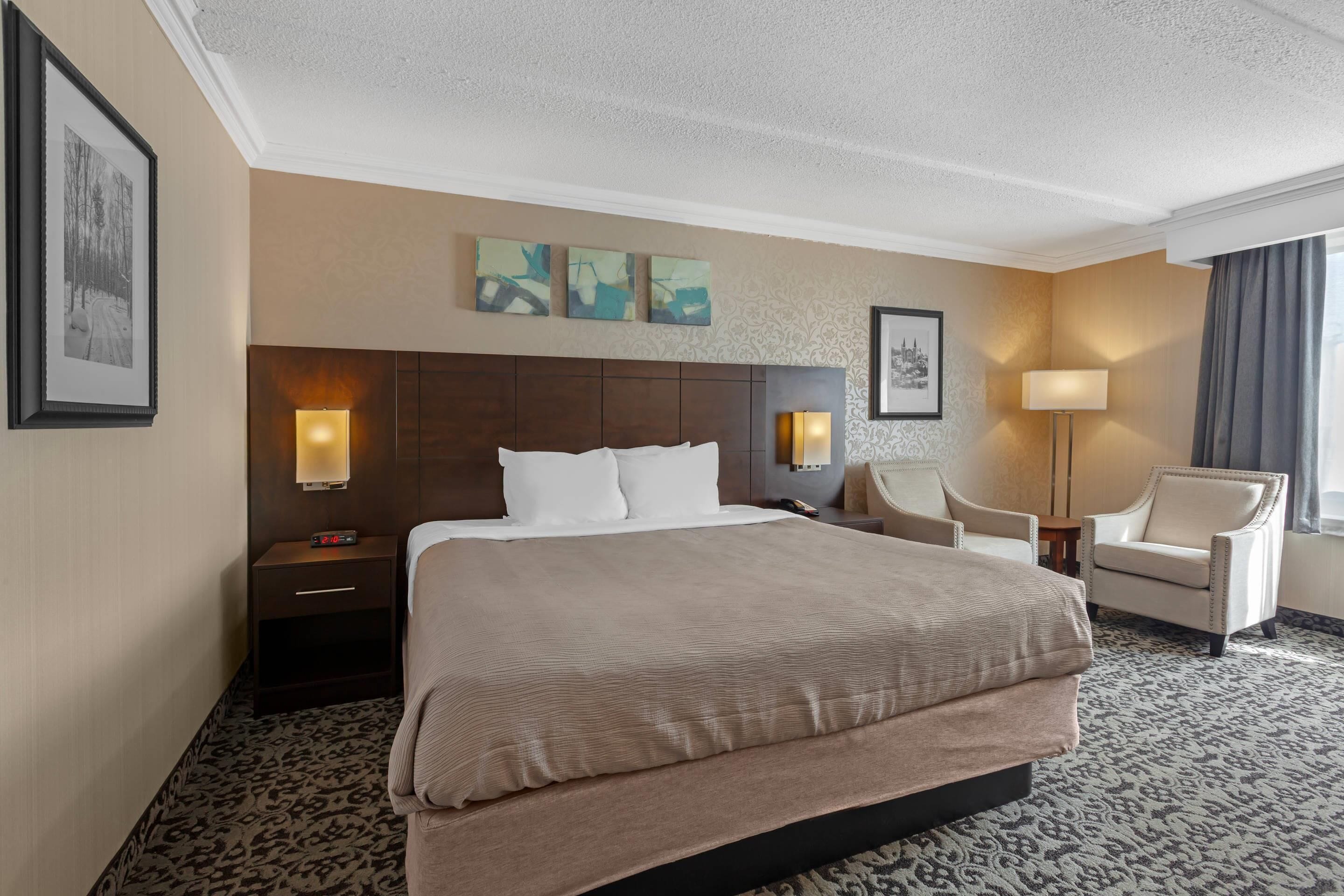 Una habitación de hotel con una cama grande, una mesita de noche con lámpara, una silla y obras de arte en las paredes.