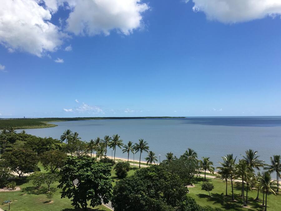 A coastal landscape with a clear sky, a calm sea, and a grassy area with palm trees.