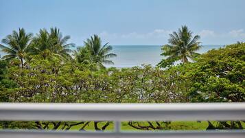 A view of a beach with palm trees and a clear sky.
