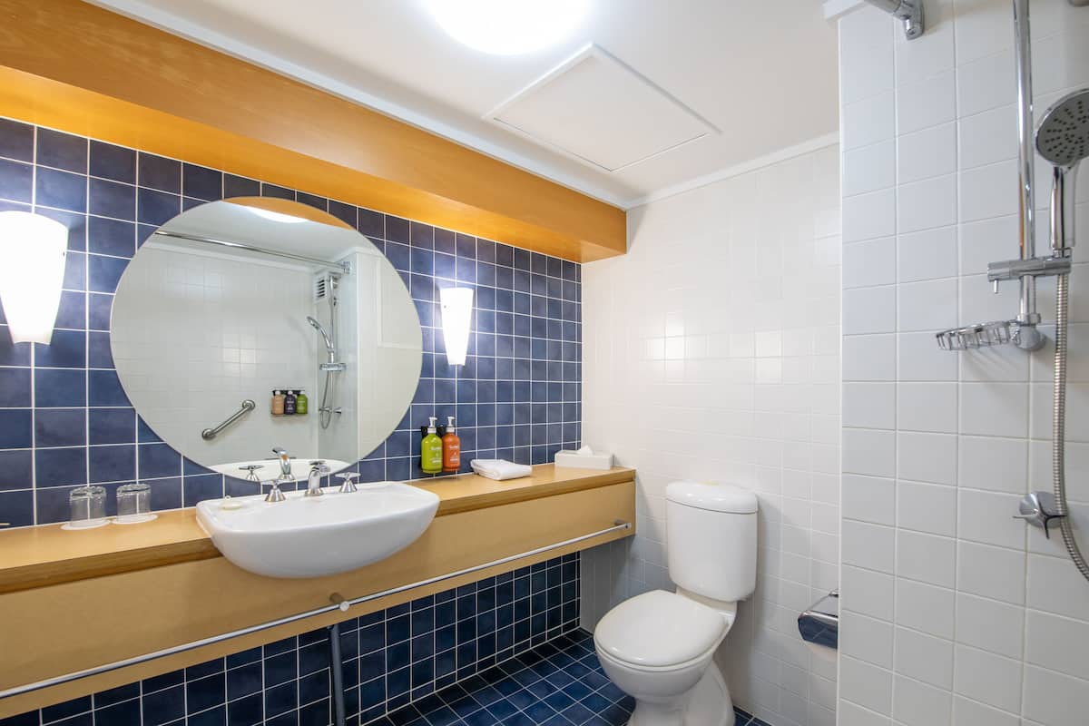 separate bathtub and shower, free toiletries, hair dryer, towels