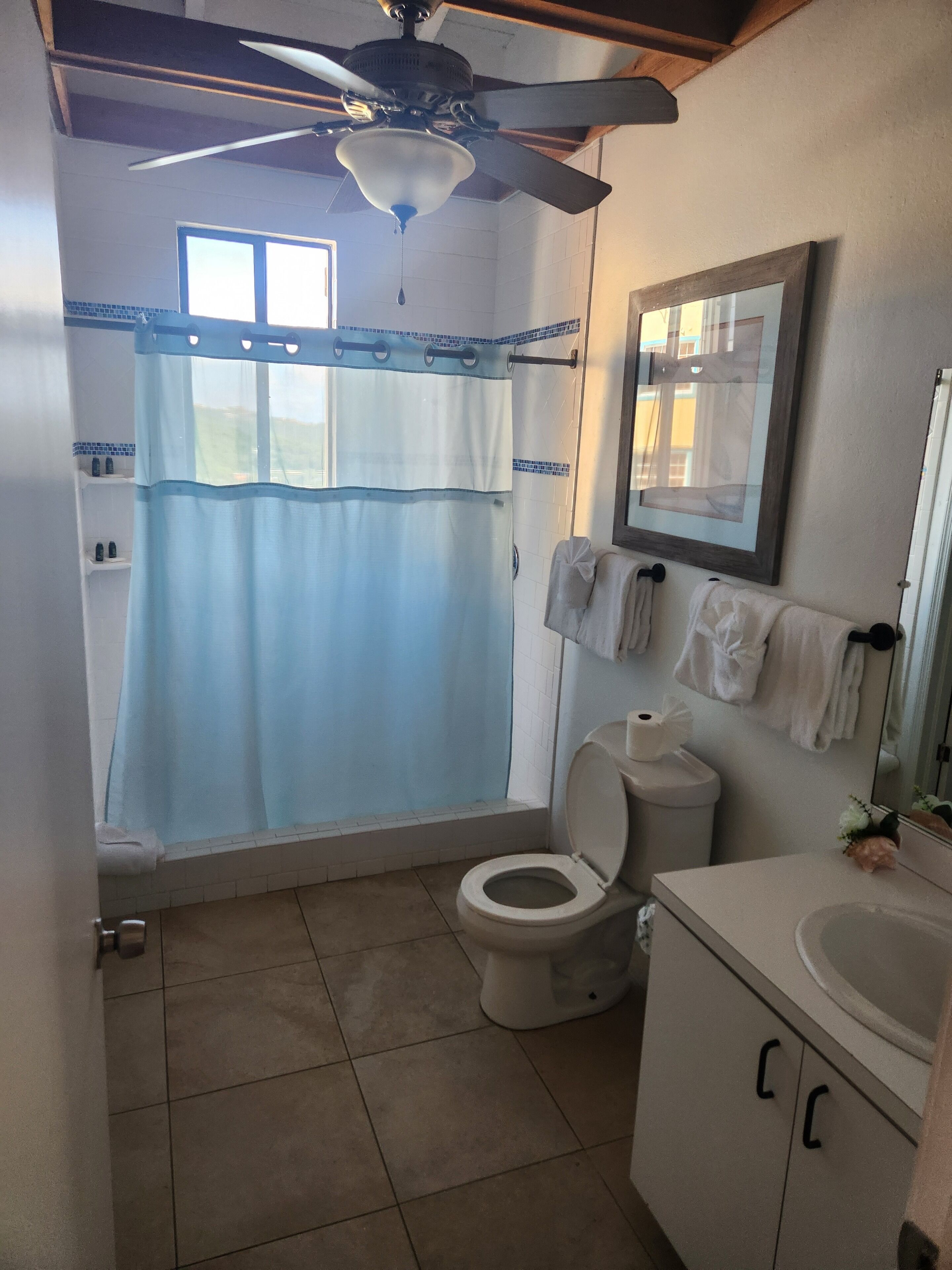 panoramic villa | bathroom | shower, hair dryer, towels