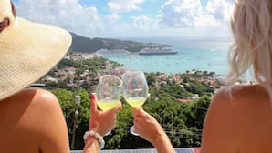 Two people toasting with wine glasses overlooking a coastal town with a cruise ship in the distance.