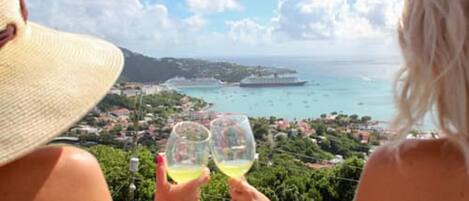 Dos personas brindando con copas de vino, con vista a un pueblo costero y un crucero en la distancia.