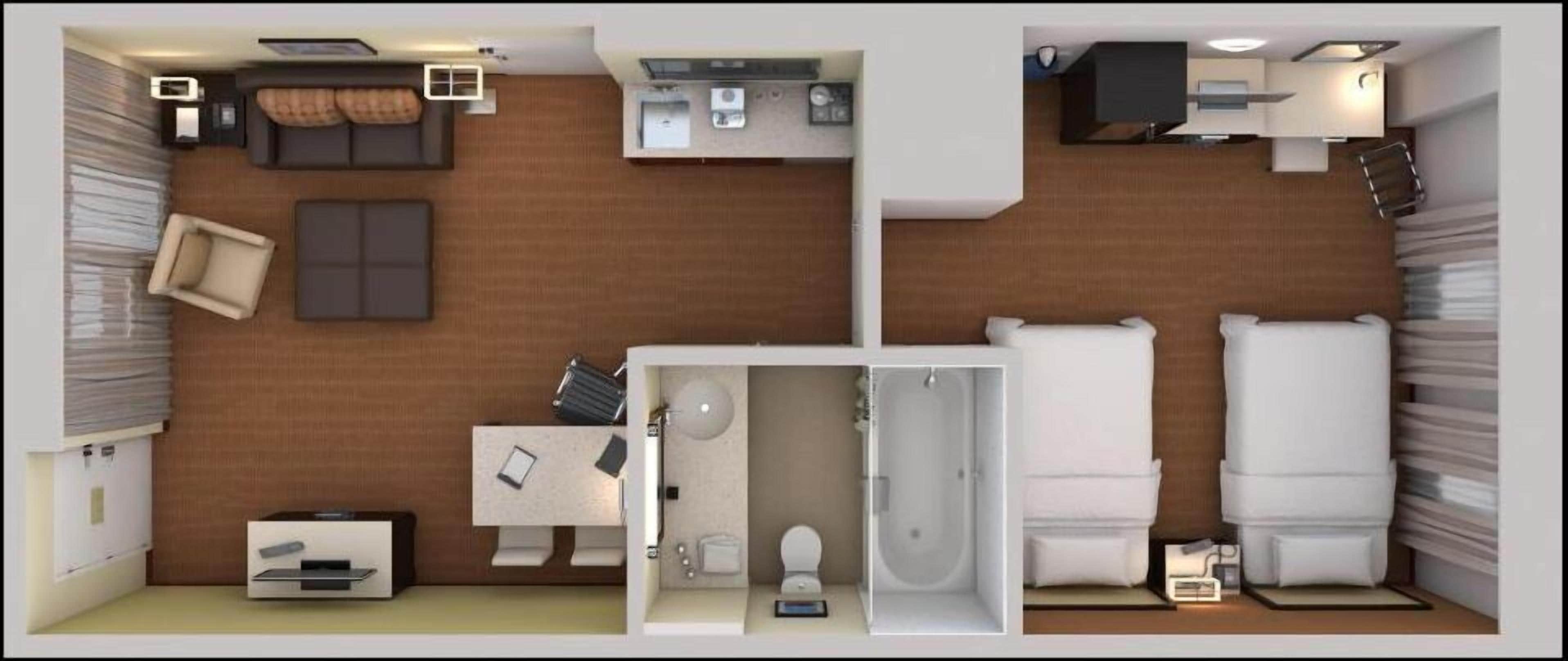 Quarto de hotel moderno com área de estar, cozinha compacta e banheiro com banheira e dois sanitários separados.