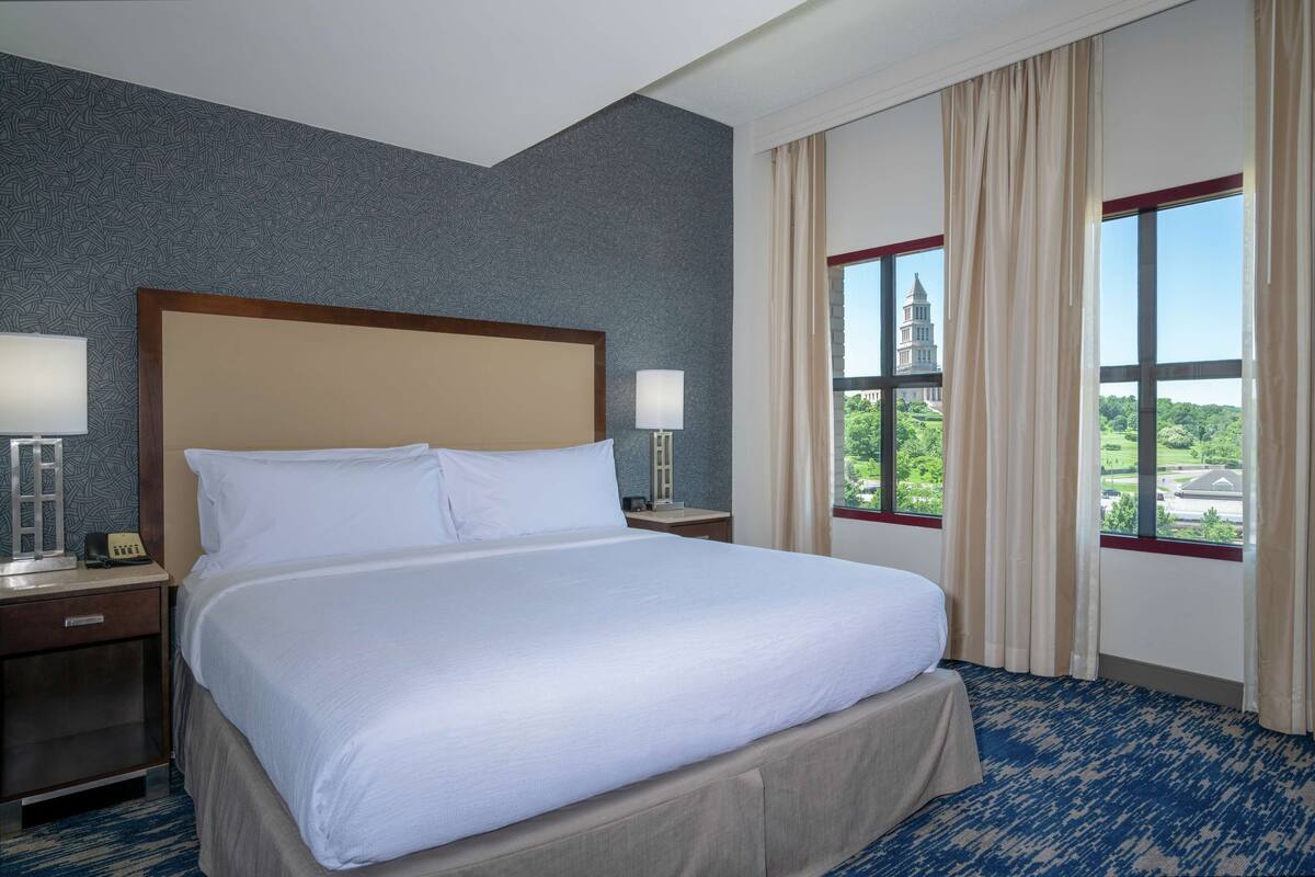 A hotel room with a large bed, two bedside tables with lamps, a view of a building through the window, and a patterned carpet.