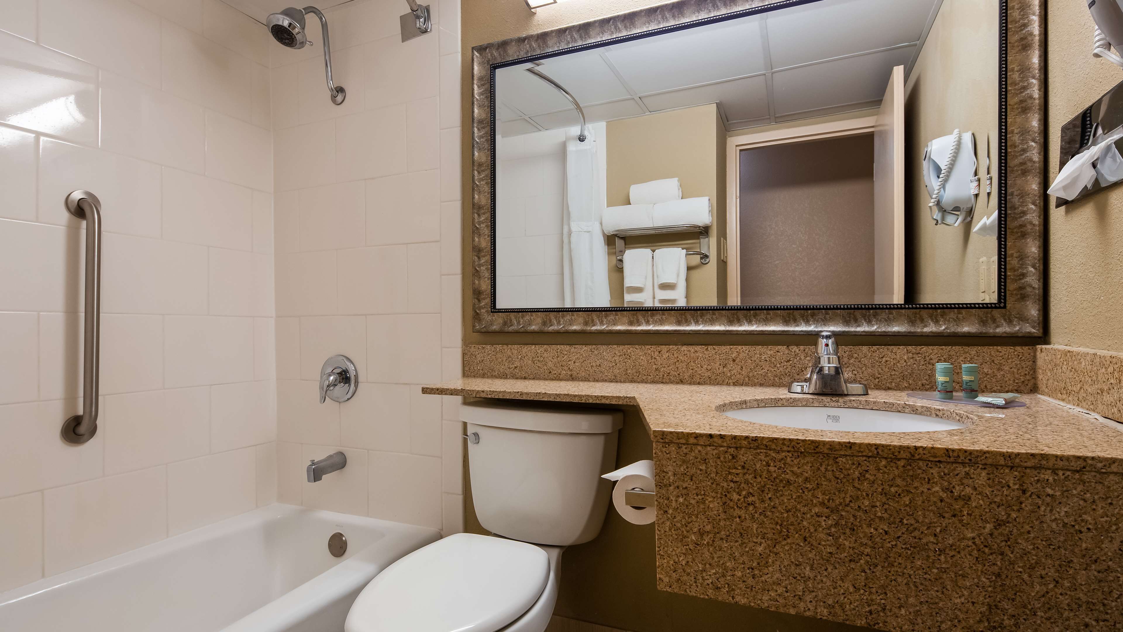 Un baño con bañera, inodoro, lavabo y un espejo grande.