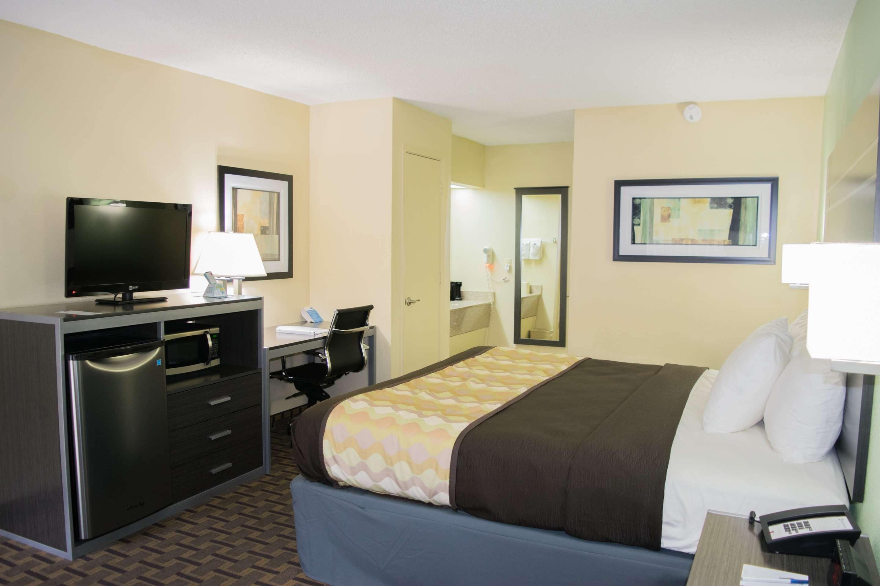 Een hotelkamer met een bed, een bureau met een computer, een televisie en een magnetron.