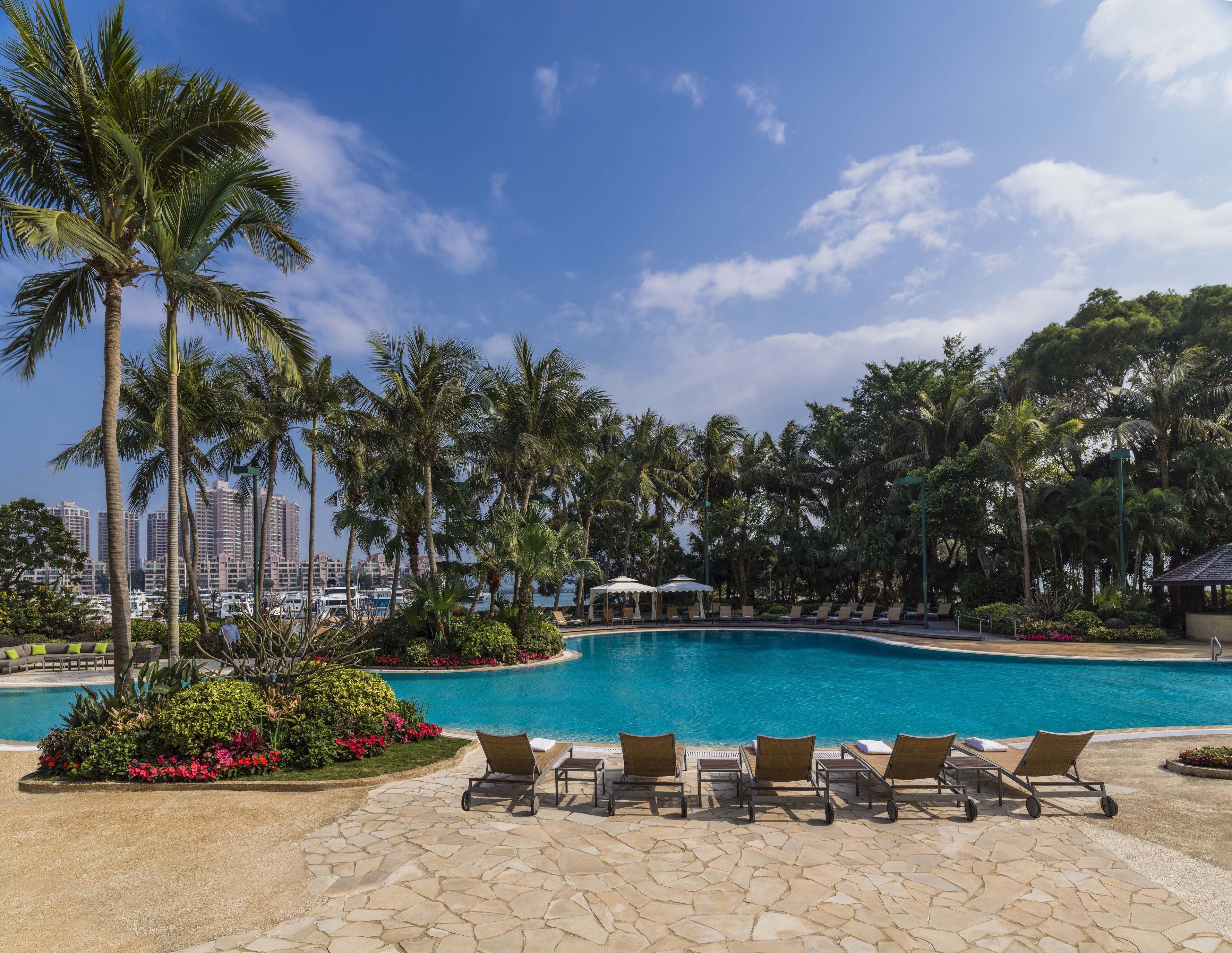 A poolside area with lounge chairs, palm trees, and a view of high-rise buildings in the background.