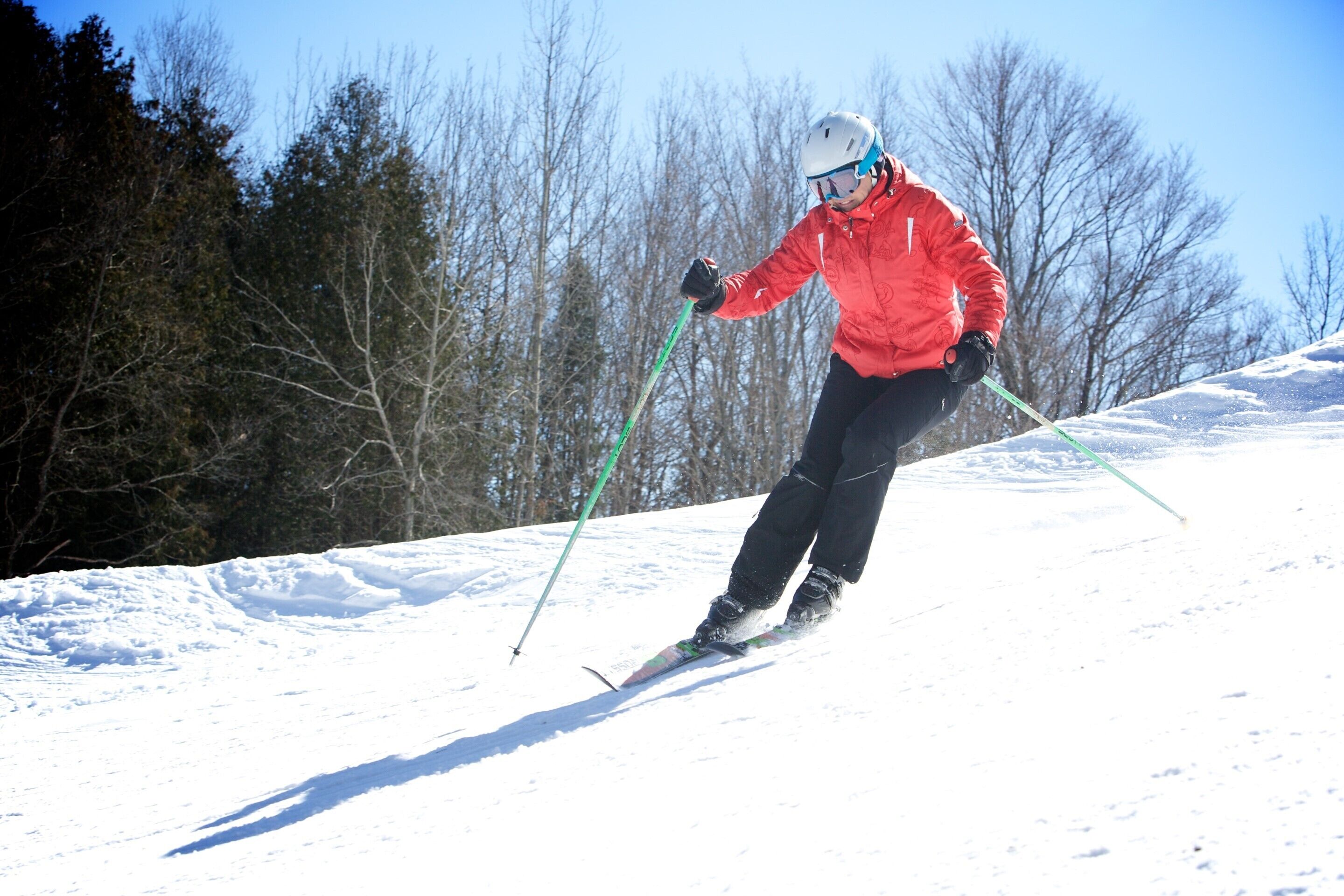 A person skiing on a snowy slope with trees in the background.