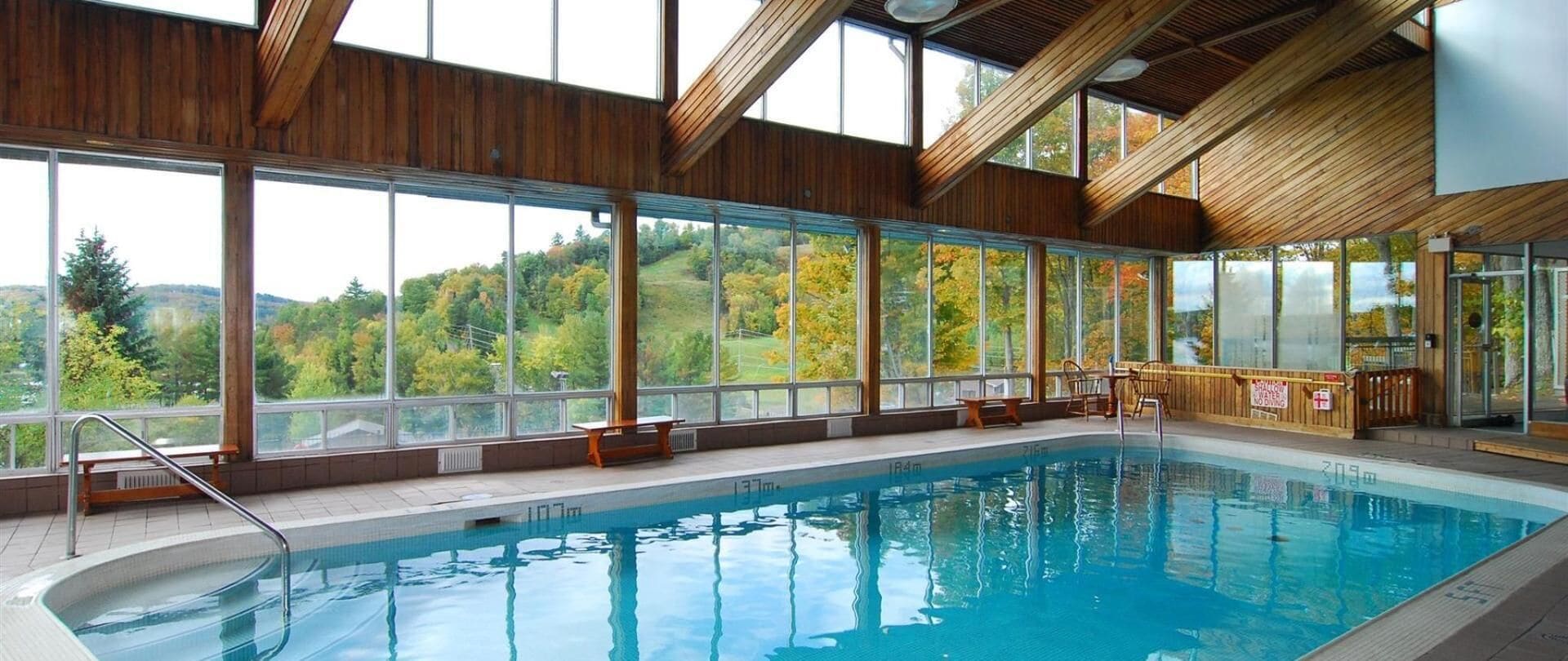 An indoor swimming pool with large windows offering views of a forested landscape.