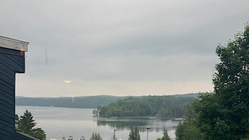 Una piscina con vista a un lago y árboles distantes.
