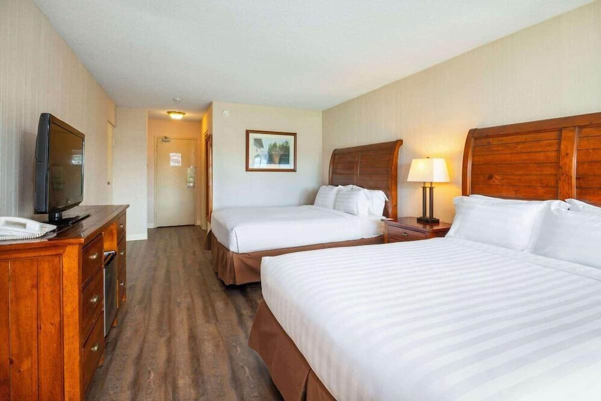 Habitación de hotel con dos camas, un aparador de madera, un televisor y un cuadro en la pared.
