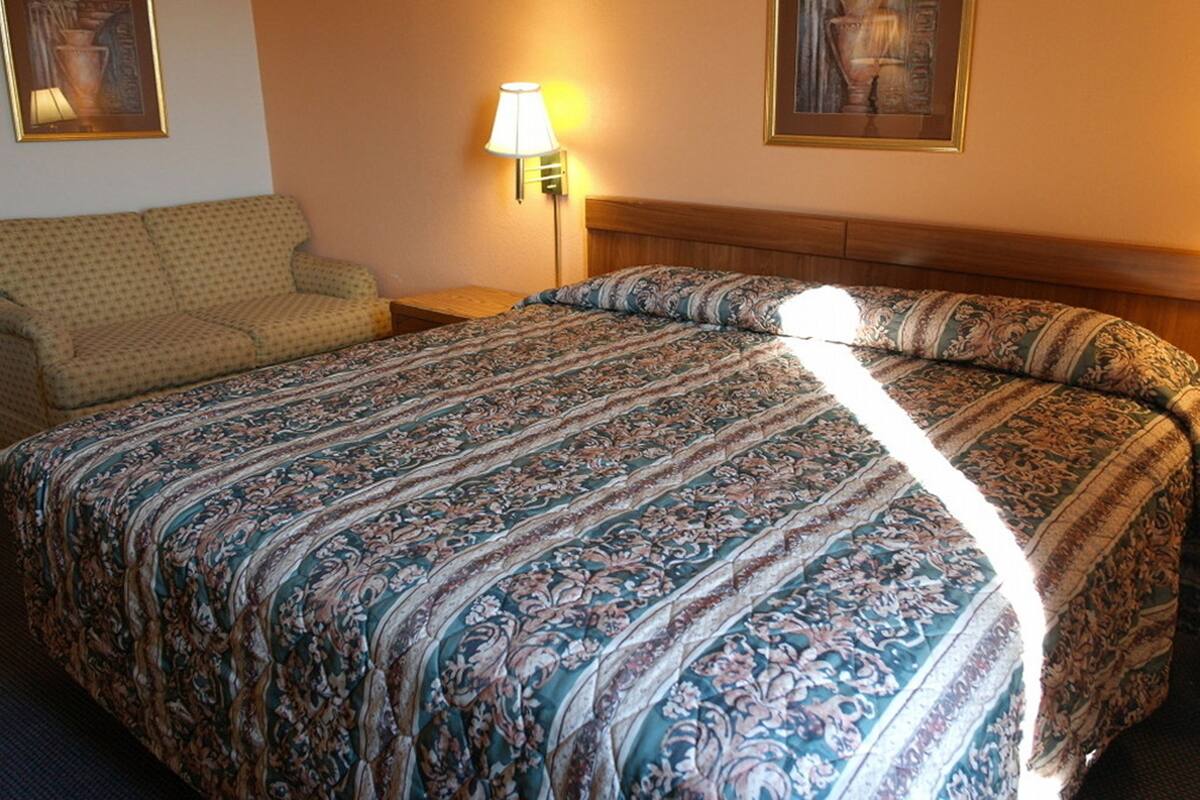 A hotel room with a large bed, a sofa, a nightstand, and a lamp.