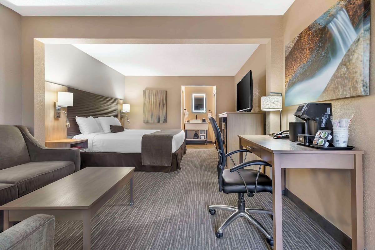 A hotel room with a bed, a desk, a chair, a sofa, a TV, and a painting on the wall.