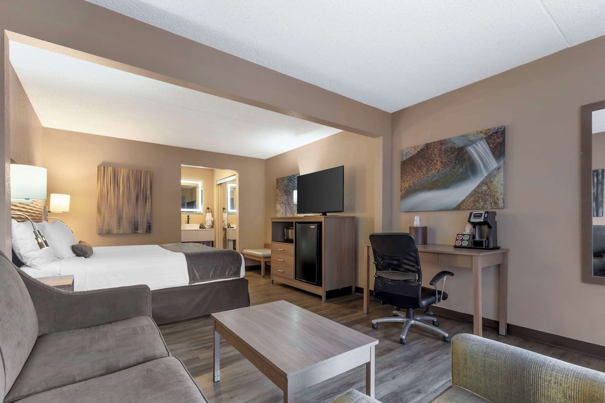 A hotel room with a bed, two sofas, a desk with a chair, a television, and artwork on the walls.