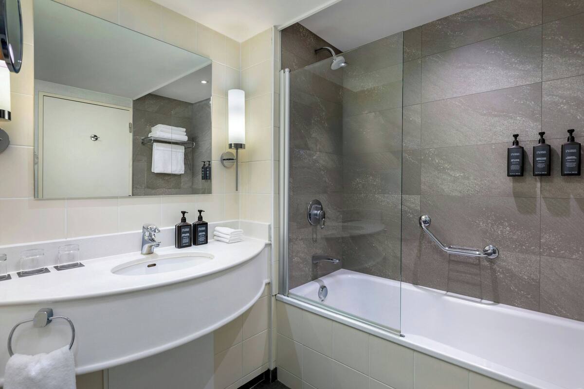 combined shower/bathtub, free toiletries, hair dryer, bathrobes