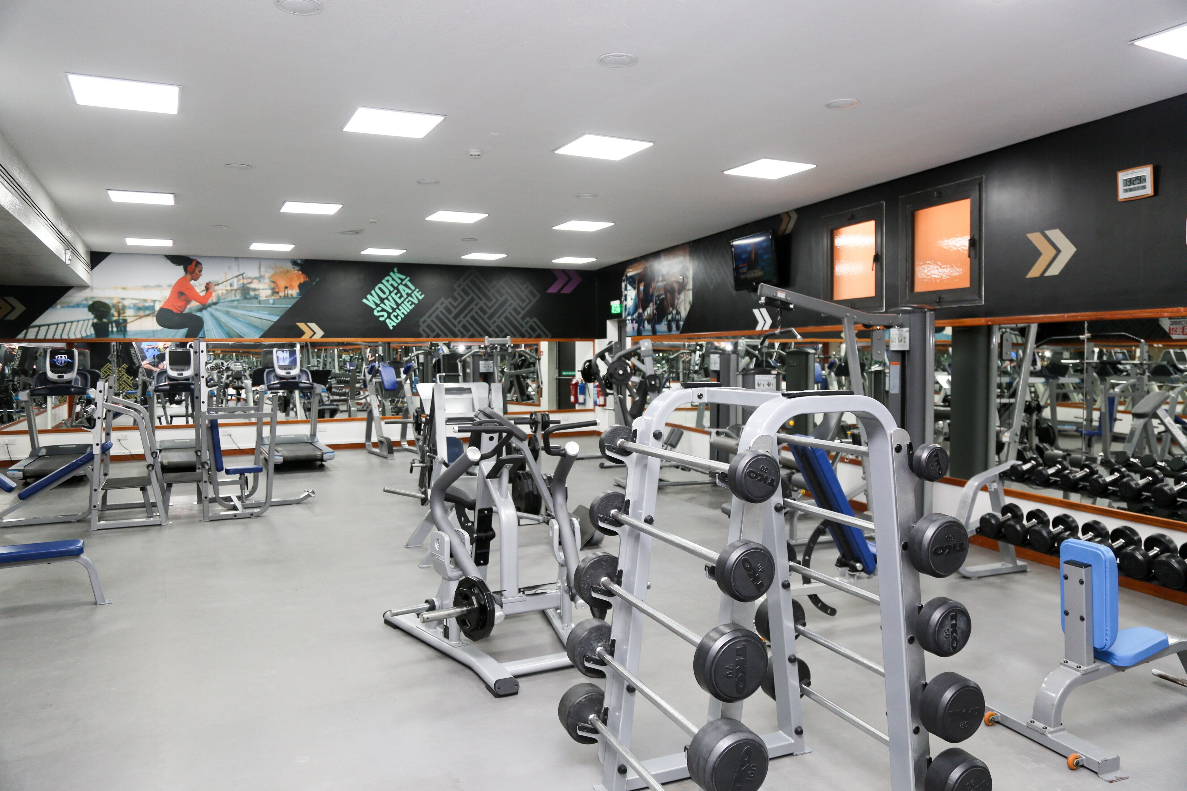 Un gimnasio con diversos equipos de ejercicio, incluyendo máquinas de pesas y mancuernas.
